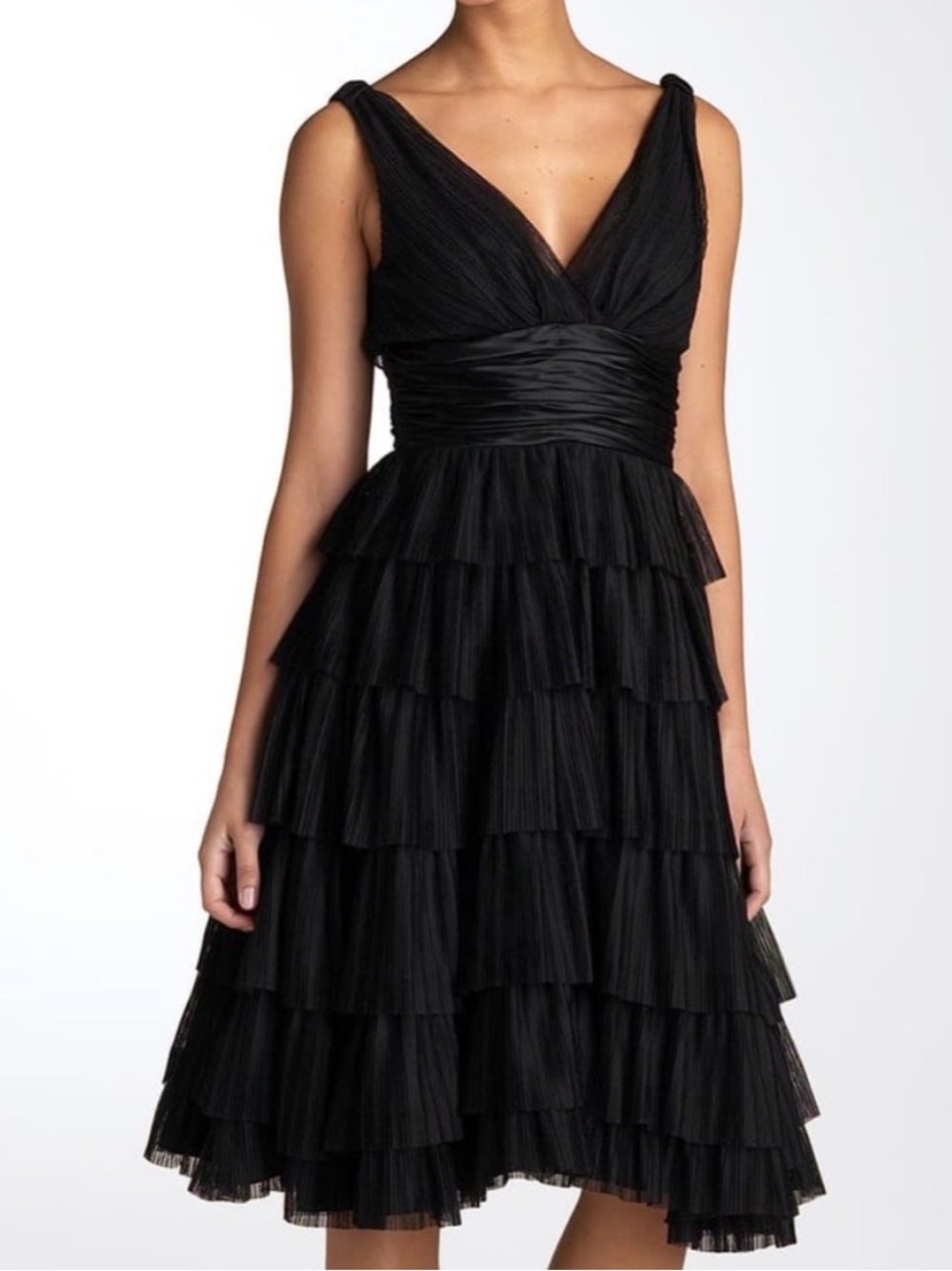 Maggy London Black Tiered V-Neck Dress